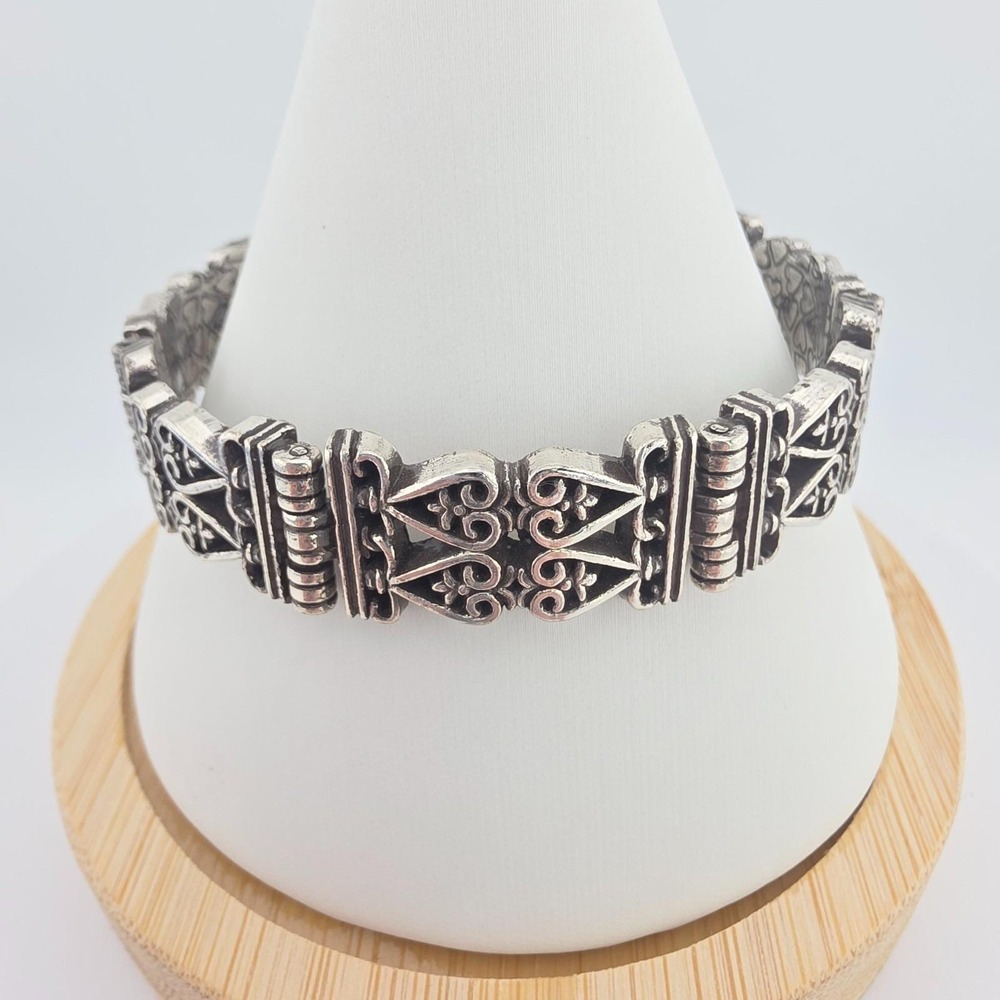 BRIGHTON 'River Gauche' Panel Bracelet Open Heart Scrollwork Silver Plate 7.25"